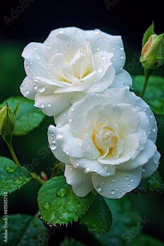 White rose with dew drops. AI generated art illustration.