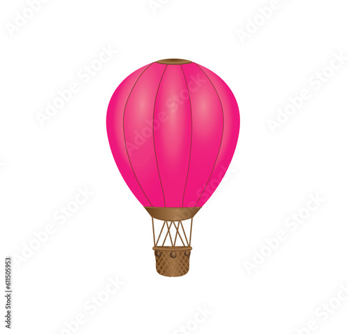 Red hot air balloon, colorful hot air balloon with brown gondola and ballasts. 3d photorealistic vector illustration