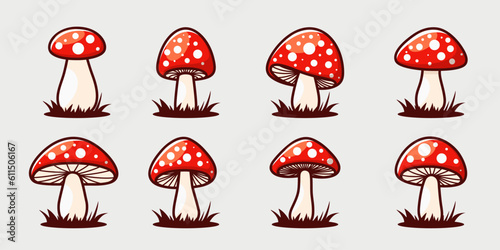 Vector Flat Mushroom Icon Set Isolated. Amanita Muscaria, Fly Agaric Sign, Mushrooms Collection. Magic Mushroom Symbol, Design Template. Vector illustration