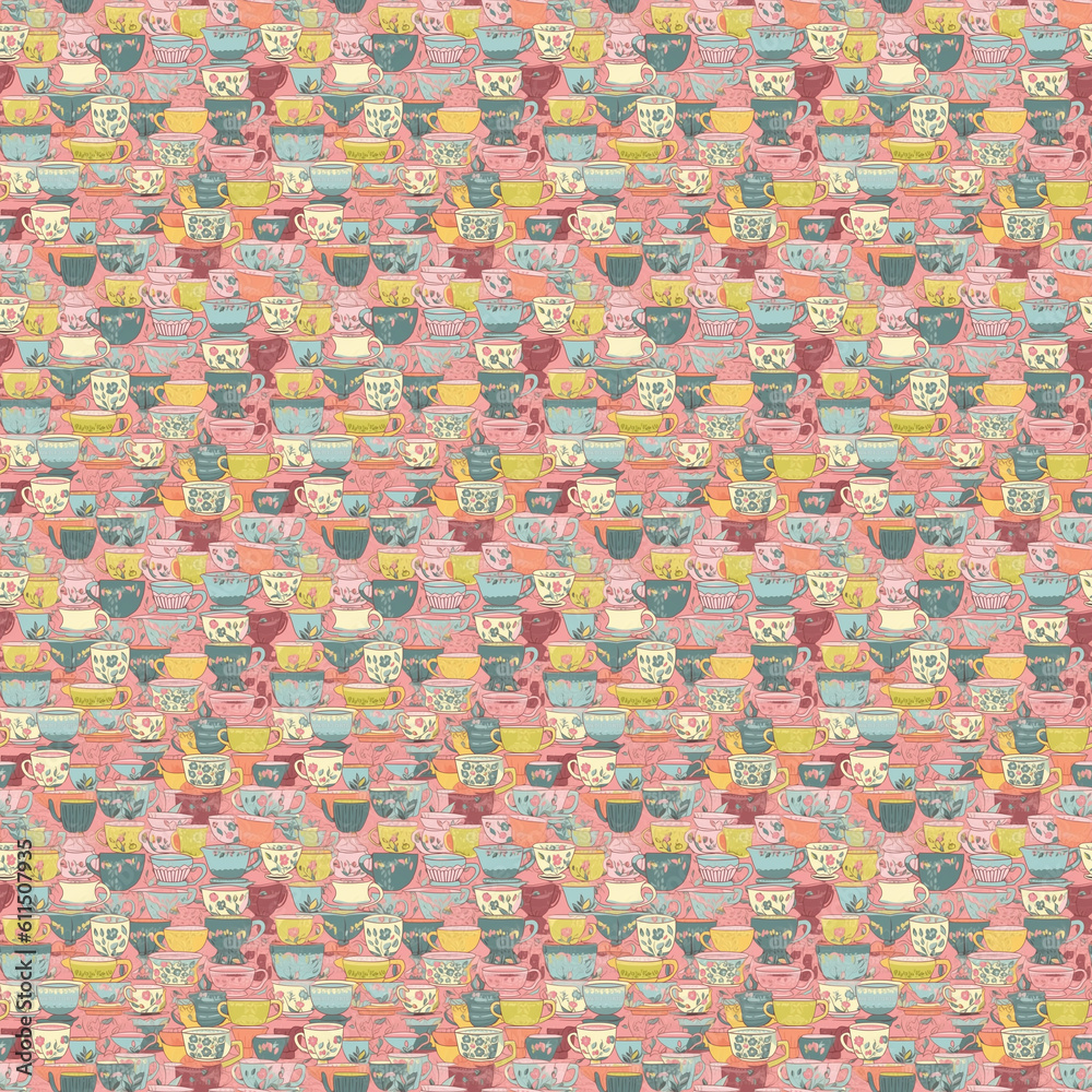 Pink Floral Teacups Seamless Pattern Generative AI Pink Floral Teacups Seamless Pattern Generative AI