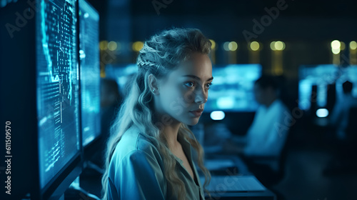 Smart Female IT Programer Working on Desktop Computer in Data Center System Control Room. Team of Young Professionals Doing Code Programming Generative AI