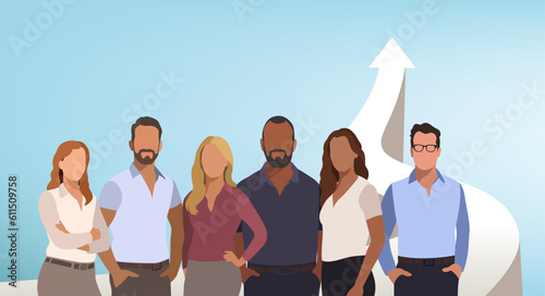 Together towards success and growth. Together we can do it. Tne group of six experts standing together. Business vector flat illustration.