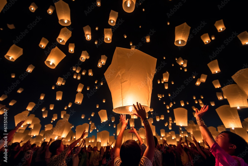 Fototapeta premium Asian people releasing white paper lanterns into the night sky, creating a breathtaking spectacle at the Sky Lantern Festival. Generative AI.