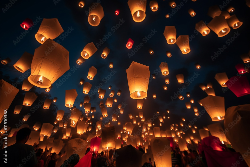 Asian people releasing white paper lanterns into the night sky