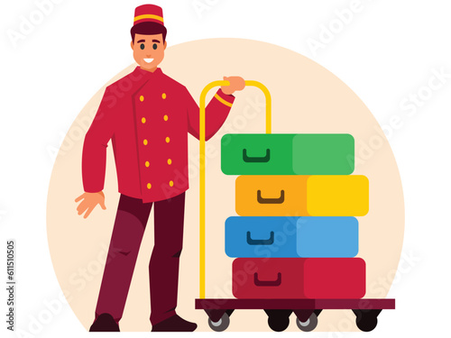 Smiling bellhop wearing red double breasted uniform with luggage cart full of suitcases. Hotel staff. Vector Illustration