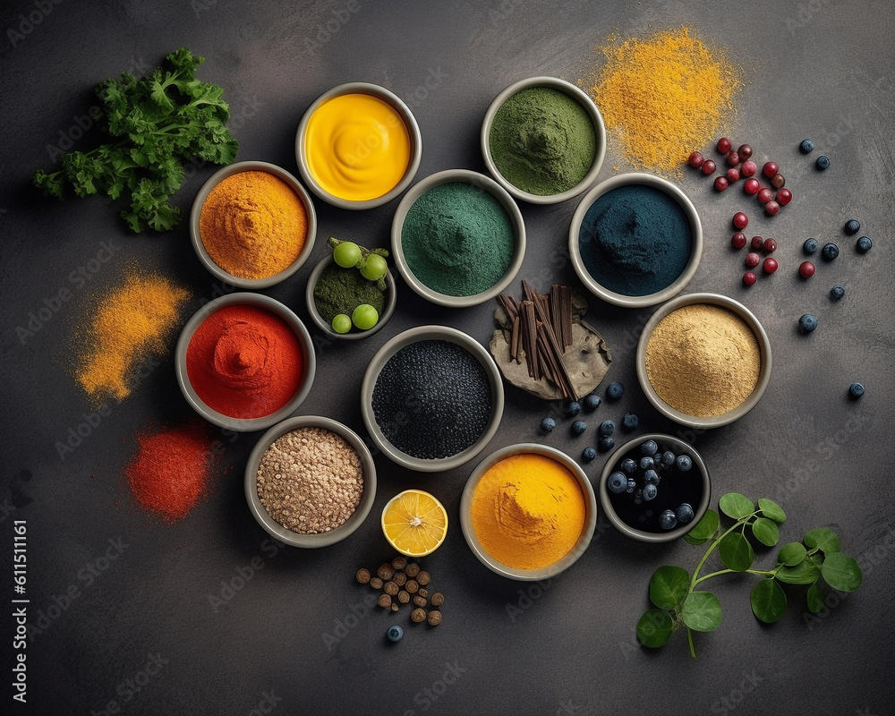 Elegant Bowls filled with colourful spices, herbs and berries for cooking. Different colored powders on dark background. 3d render Ai illustration. Flat lay overhead view Elegant Bowls filled with colourful spices, herbs and berries for cooking. Different colored powders on dark background. 3d render Ai illustration. Flat lay overhead view
