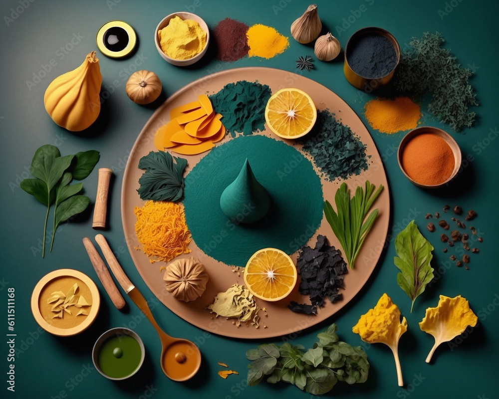 Orange and teal spices, powders and elements in dark green and ochre