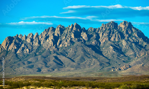 The rocky, sparsely vegetated Organ mountains rising above the central New Mexico desert.