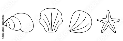 Different sea shells and sea star in a row, doodle style flat vector outline for coloring book