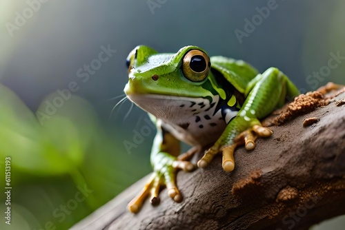 Close-up of A green frog with big eyes perches on a branch, surrounded by sparkling water. Generative Ai