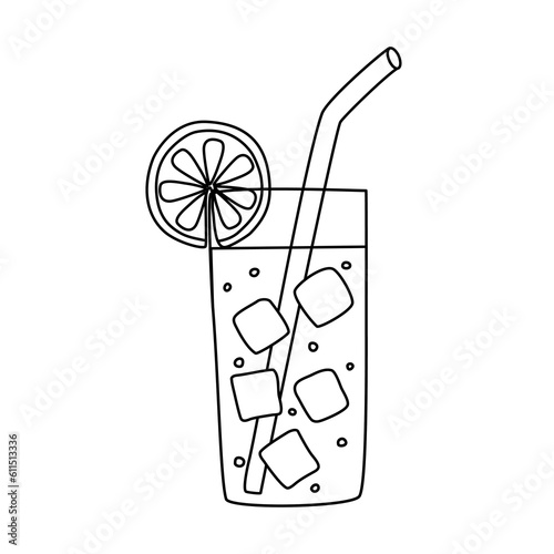 Soft drink, juice, summer cocktail with ice cubes in glass, doodle vector outline for coloring book