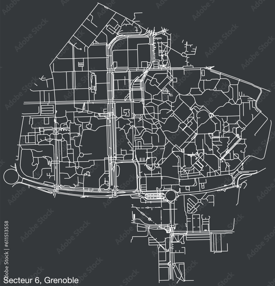 Detailed hand-drawn navigational urban street roads map of the GRENOBLE-6 SECTOR of the French city of GRENOBLE, France with vivid road lines and name tag on solid background