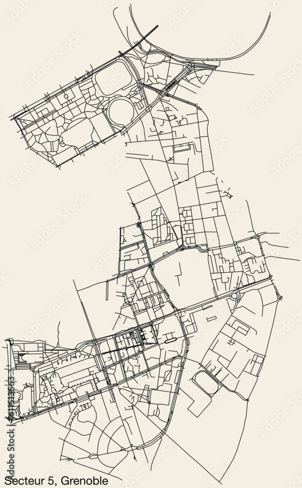 Detailed hand-drawn navigational urban street roads map of the GRENOBLE-5 SECTOR of the French city of GRENOBLE, France with vivid road lines and name tag on solid background