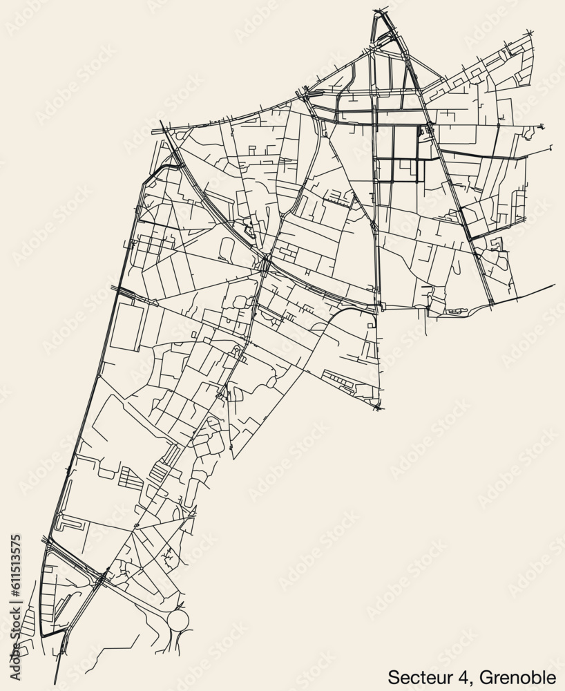 Detailed hand-drawn navigational urban street roads map of the GRENOBLE-4 SECTOR of the French city of GRENOBLE, France with vivid road lines and name tag on solid background