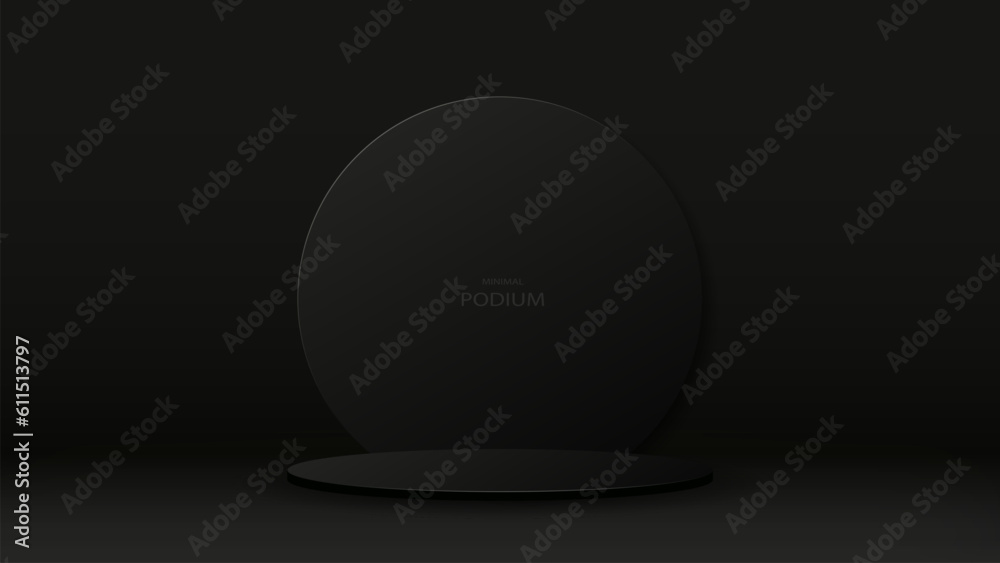 A black and white empty podium with a glass circle at the back. A minimal-style platform in a room on a dark background. A black and white empty podium with a glass circle at the back. A minimal-style platform in a room on a dark background.