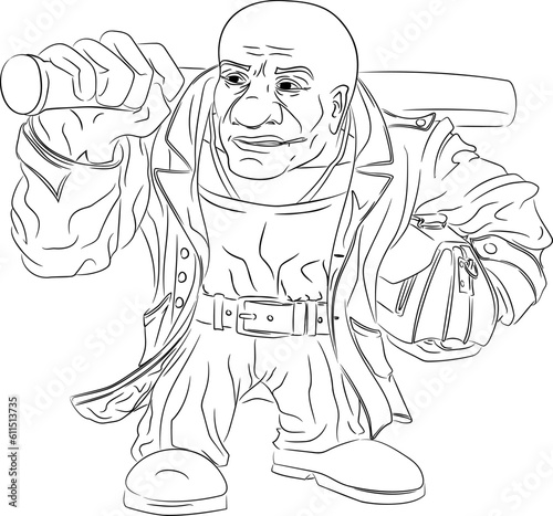 Line art illustration of bald bouncer in leather coat with bat. Bandit from the 90s with a bat on his shoulder, purse under his arm, with gold chain around his neck and toothpick in his teeth.