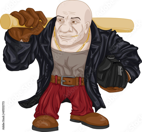 Vector illustration of racketeer with bit and men's purse in leather coat and burgundy slacks. Bandit from the 90s with a bat on his shoulder, purse under his arm, with gold chain around his neck