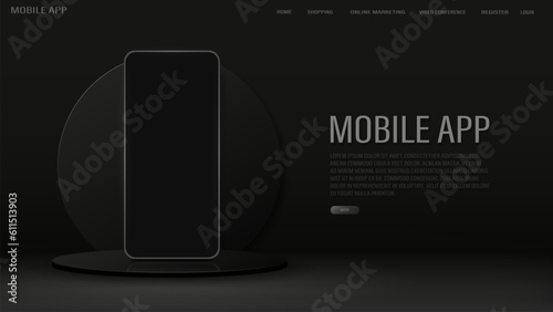 A banner with a phone on the podium with a glass circle on the background. A concept for a mobile app and online shopping on a black and white background.