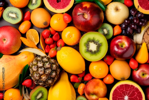 Fruits and vegetables background. Healthy food concept. Top view. Flat. Lay. Generative AI