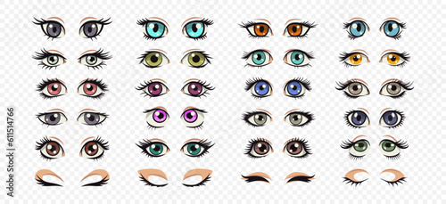 Vector Cartoon Female Eyes Collection. Beautiful Colored Women s Opened and Closed Eyes in Manga, Pop Art Comic Style, Isolated. Different Girls Eyes with Eyelashes Design Template. Front View