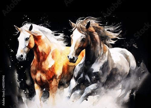 Artist portrait of running horse in watercolor, isolated on a black background. Developed with generative ai © ImageDesign