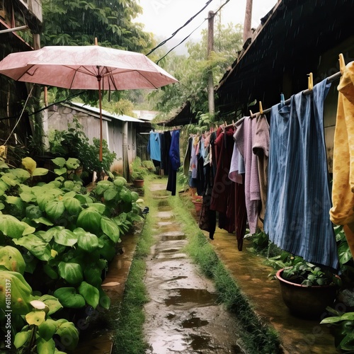 Laundry drying in the rain, generative ai
