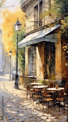 Retro charming café with terrace, Parisian style oil painting, generative ai