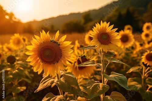 Sunflower field at golden hour ideal for summer backgrounds  generative ai