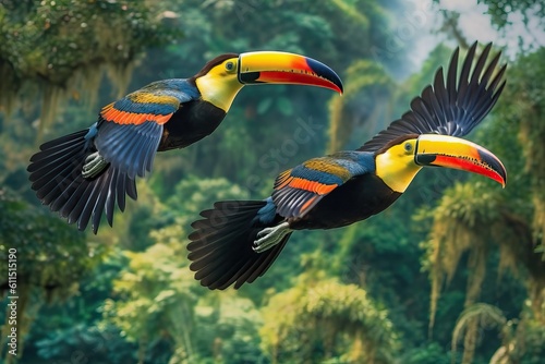 Toucans flying on a tropica...