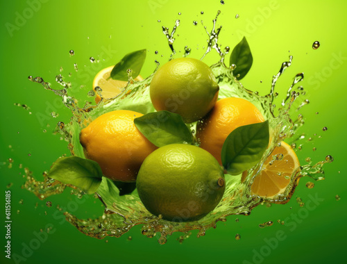 Lemons fruit falling into the water with splashing