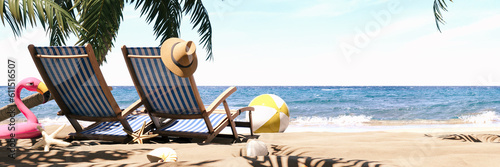 Two beach chairs with summer accessories on beautiful tropical sand beach. Summer travel concept background. 3D Rendering, 3D Illustration