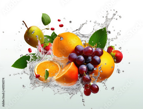 Variety of Fruits falling into the water with splashing on a white background