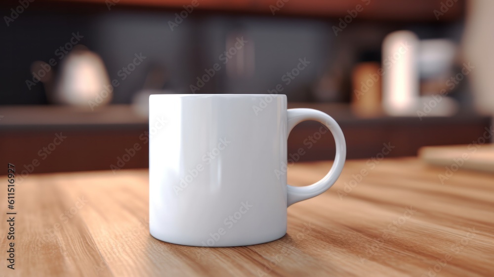 Obraz premium Blank white mug on the wooden table. Generative AI.