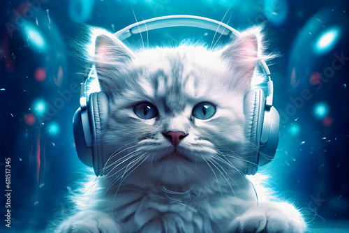portrait of funny cute cat in big headphones listen to music