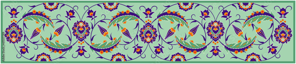 Vector illustration of traditional turkish tezhip floral ornament with nice green dominant color, calligraphy, islamic decoration