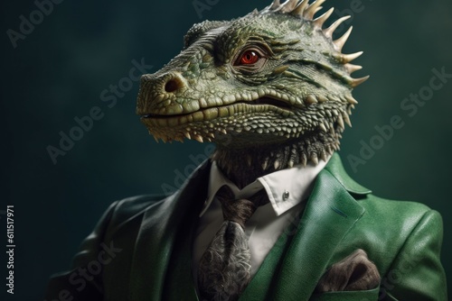 Anthropomorphic dragon dressed in a suit like a businessman. Business Concept. AI generated, human enhanced.