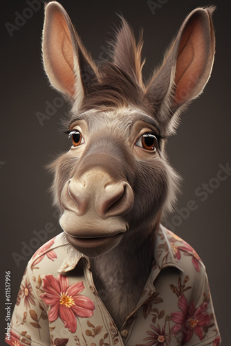Anthropomorphic donkey dressed in human clothing. humanized animal concept. AI generated, human enhanced. Vertical image