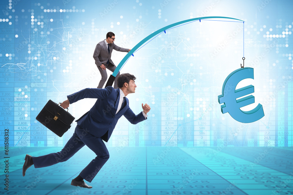Business people chasing euro on fishing rod Business people chasing euro on fishing rod