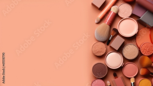 set of professional decorative cosmetics, makeup tools and accessory on pastel background with copy space for text.