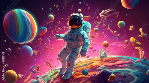 Flying Astronaut or spaceman on candy outer space © Rijaliansyah