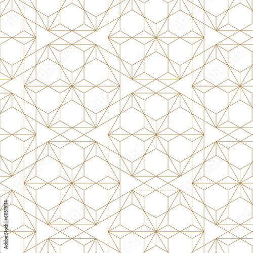 Japanese seamless pattern vector. Gold geometric background texture. Floral elements.