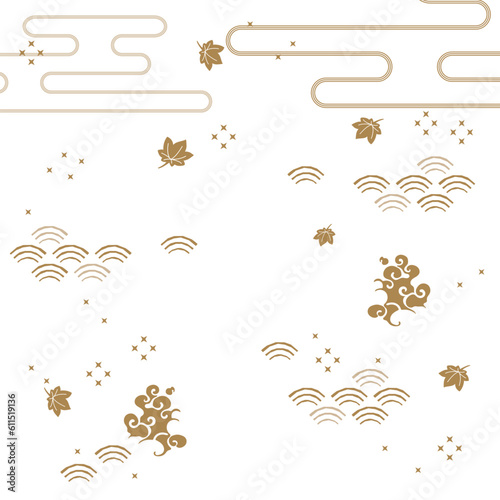 Japanese pattern vector. Gold background texture of nature icons such as wave, dry leaf, cloud for cover page, template, poster, postcard.