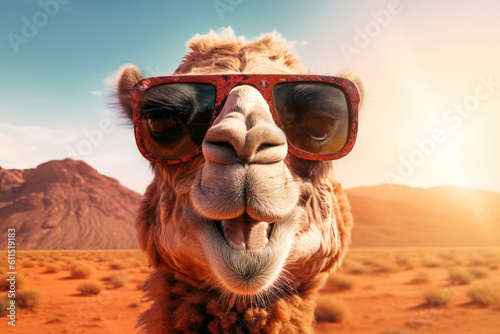 A happy laughing camel looking into the camera in front of a sahara desert landscape  created with generative ai