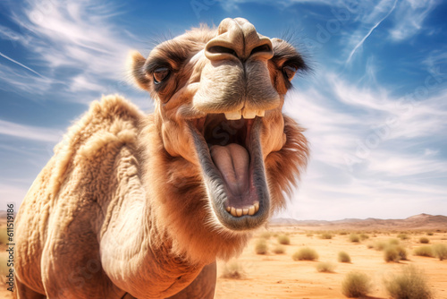 A happy laughing camel looking into the camera in front of a sahara desert landscape, created with generative ai photo