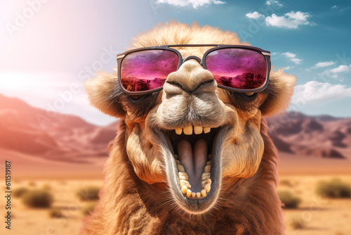 A happy laughing camel looking into the camera in front of a sahara desert landscape, created with generative ai