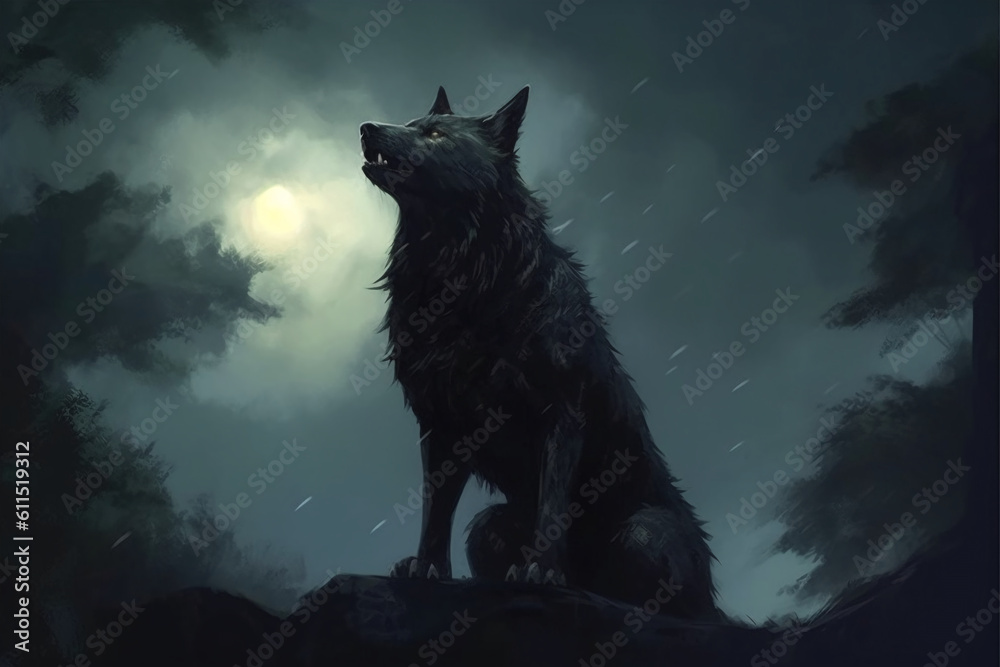 A black Wolf, very domineering in the moonlight. AI generative A black Wolf, very domineering in the moonlight. AI generative