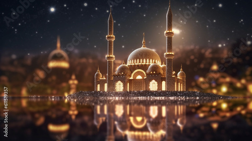 Glittering mosque under the moon: A magnificent mosque glistens under the enchanting glow of a glitter effect crescent moon against a shiny brown background. Generative AI
