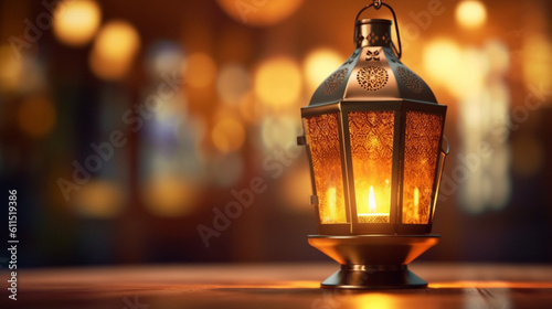 Glowing reverence: The warm light of a burning candle within an Arabic lantern conveys the reverence and sanctity of Ramadan Kareem. Generative AI
