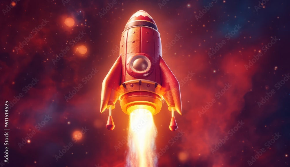 A Retro Vintage Style Rocketship Blasting Off through Space, Space Ship Exploration Concept, Graphic Style, generative AI
