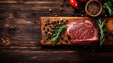 Grilled ribeye beef steak with rosemary on. a wooden background with copy space